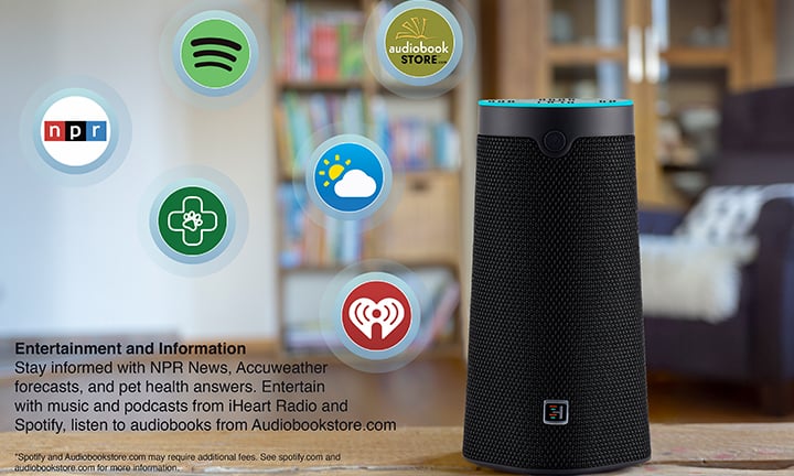 WellBe® Voice-Assisted Healthcare Smart Speaker surrounded by music, news, weather, and other entertainment icons. 